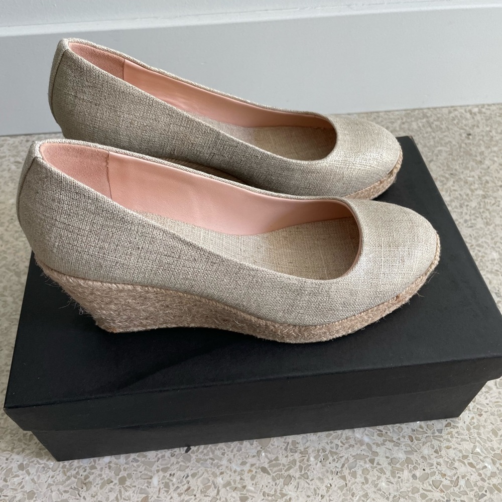 J. Crew Metallic Beige Canvas Wedge Heels